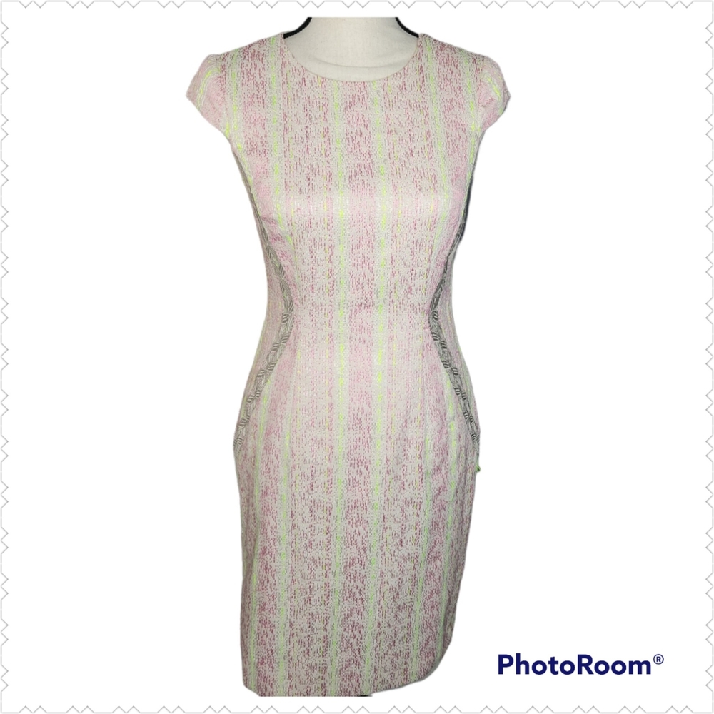ANTONIO MELANI Pink and Yellow Capped  Sleeve Sheath, Size 2
